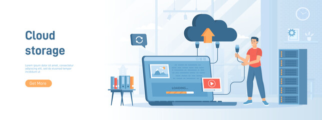 Cloud storage, Internet hosting provider. Man uploads data to cloud service, sync or makes backup. Flat concept great for social media promotional material. Website banner on white background.
