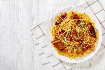 Fried chicken breast with gluten free pasta
