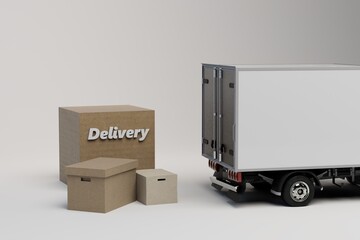 delivery by location. online delivery. delivery services. brown boxes with the inscription delivery, white track on a white background. 3d illustration. 3d render