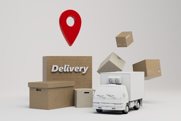 delivery of goods to the specified address. geolocation. delivery services. brown boxes with the inscription delivery, a red geolocation icon, a white track on a white background. 3d render - obrazy, fototapety, plakaty