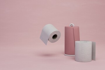toilet paper. personal hygiene. pink toilet paper roll next to white toilet paper on pink background. 3d illustration. 3d render