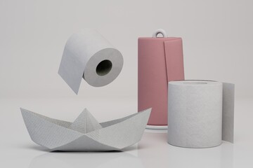 toilet paper. pink toilet paper roll next to white toilet paper and paper boat on white background. 3d illustration. 3d render