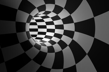 abstract background. illuminated tunnel of patterns of white and black squares, checkerboard. 3d illustration. 3d render