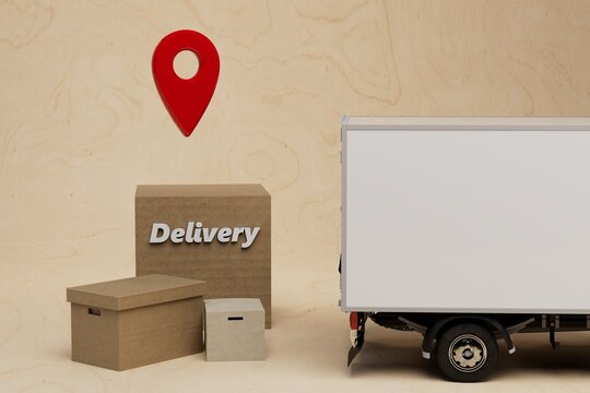 delivery by location. online delivery. delivery services. loading boxes on a truck. brown boxes with the inscription delivery, a red geolocation icon, a white truck on a beige background. 3d render