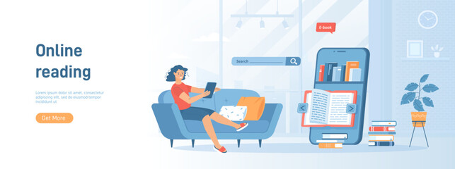 Online reading. Online service with e-books, library, education. Bookshelf and open book on phone screen. Flat concept great for social media promotional material. Website banner on white background.