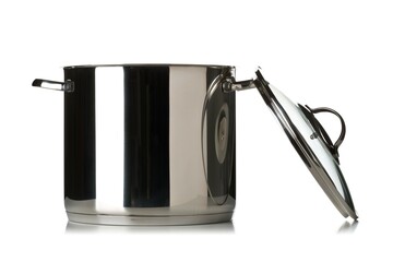 Large stainless steel cooking pot side view with glass lid over white background