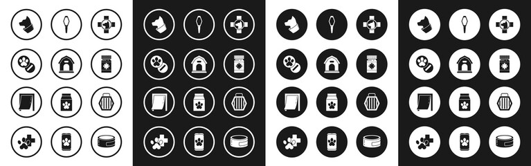 Set Veterinary clinic symbol, Dog house, and pills, Cat, medicine bottle, Pets vial medical, carry case and Door for pet icon. Vector