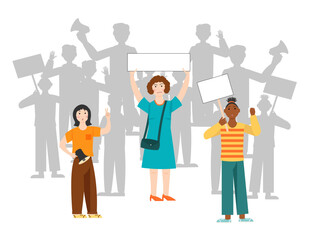 Women with placards stand at the rally. People of various nationalities fight for their rights. Vector illustration. For use in brochures, advertising posters, prints and visual flyers.