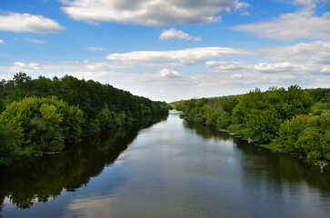 Fototapeta na wymiar River in a forest area against a blue sky