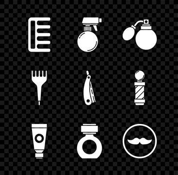 Set Hairbrush, Hairdresser pistol spray bottle, Aftershave with atomizer, Cream or lotion cosmetic tube, Mustache, and Straight razor icon. Vector