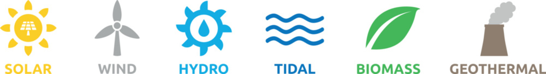 Renewable and sustainable energy icon set for infographics.. Solar, wind, hydro, tidal, biomass and geothermal. 