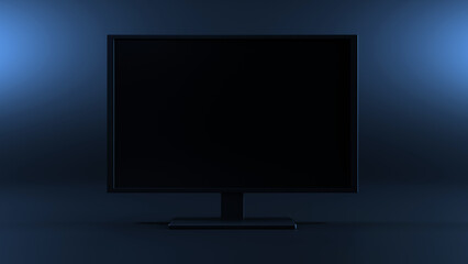 Pc monitor with black screen under blue light and blue background. 