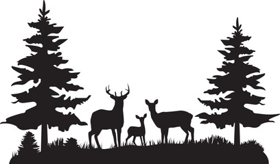 Vector forest and deer family - obrazy, fototapety, plakaty