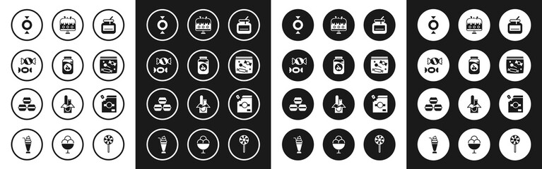Fototapeta premium Set Jar of honey, Cherry jam jar, Candy, packaging for sweets, Cake plate, and Macaron cookie icon. Vector
