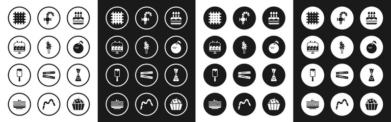 Set Cake with burning candles, Ice cream, on plate, Cracker biscuit, Apple, Christmas candy cane, Candy and icon. Vector