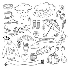 Set of autumn cozy elements. Pumpkin, leaves, umbrella, scarf, cup of tea, socks, sweater, mittens, clouds, rain, wind, puddle, leaves, acorn, desserts. Collection of natural phenomena illustrations