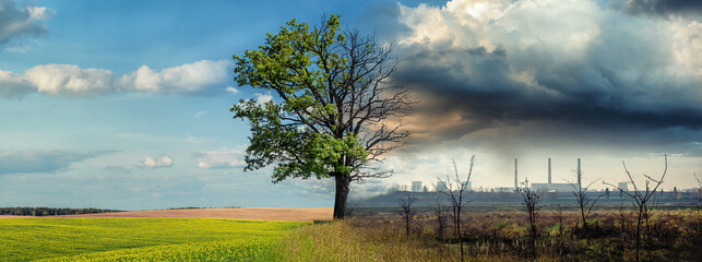 Illustration representing human's influence on nature by using dirty power producing sources