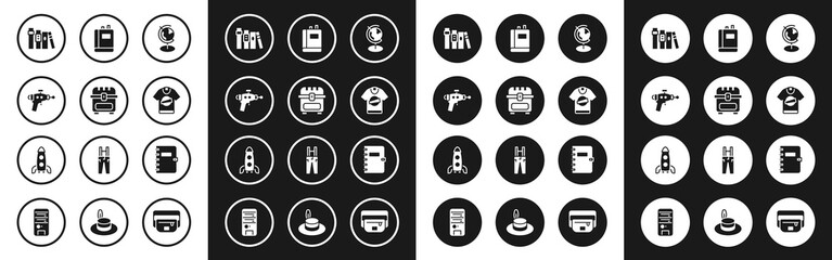 Set Earth globe, Antique treasure chest, Ray gun, Book, T-shirt, Spiral notebook and Rocket ship icon. Vector