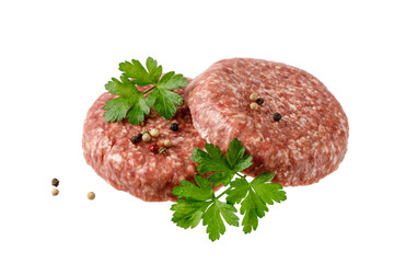 Two raw beef cutlet patty of minced meat for burger or dinner dish  with parsley and pepper closeup...