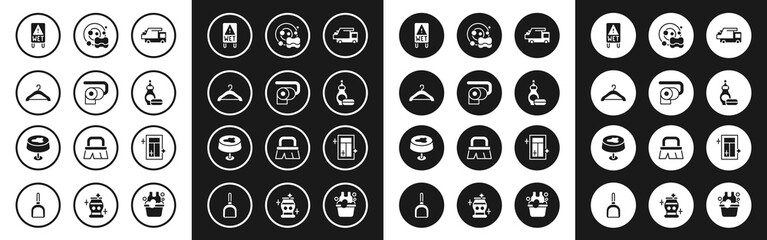 Set Garbage truck, Toilet paper roll, Hanger wardrobe, Wet floor, Dishwashing liquid bottle, Washing dishes, Cleaning service for window and Stain on the tablecloth icon. Vector