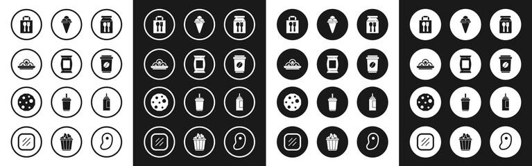 Set Online ordering and delivery, Bag packet potato chips, Asian noodles bowl, Coffee cup go, Ice cream waffle cone, Sauce bottle and Cookie biscuit icon. Vector
