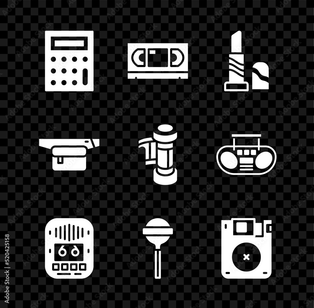 Wall mural Set Calculator, VHS video cassette tape, Lipstick, Cassette player, Lollipop, Floppy disk, Waist bag of banana and Camera roll cartridge icon. Vector