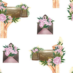 Watercolor seamless pattern with vintage elements. pink roses bush hand paint. old mailbox with flowers