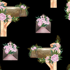 Watercolor seamless pattern with vintage elements. pink roses bush hand paint. old mailbox with flowers