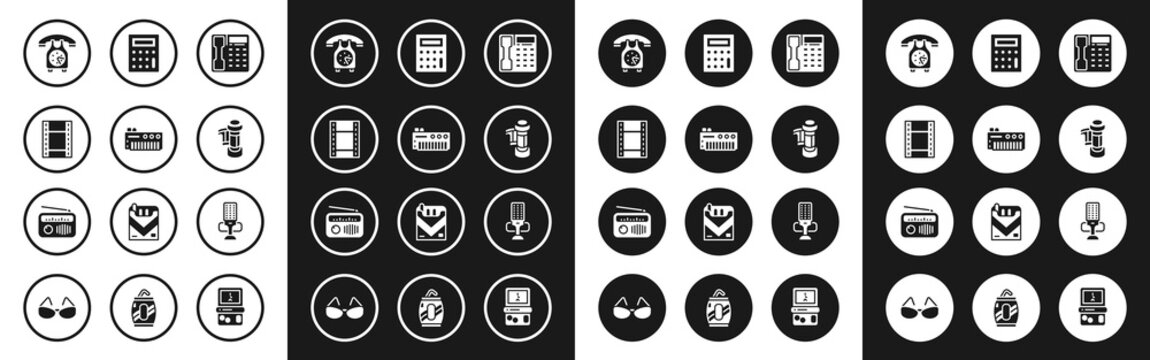 Set Telephone handset, Music synthesizer, Play Video, Camera roll cartridge, Calculator, Microphone and Radio with antenna icon. Vector