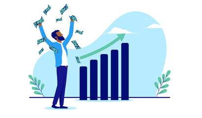 Ethnic black man making money - Rich person having success in business celebrating and cheering with financial gains. Flat design vector illustration with white background