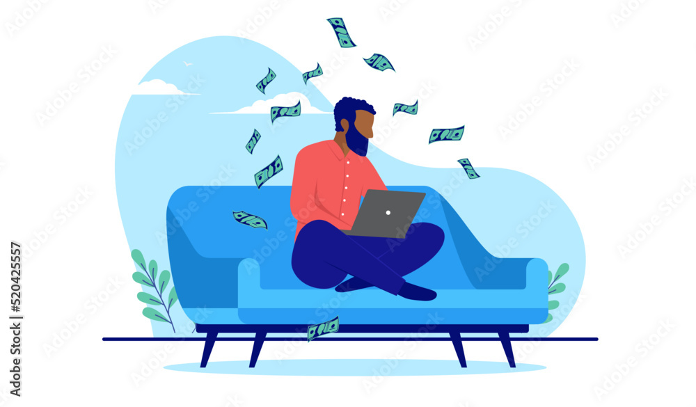 Poster making money from home - black ethnic man sitting with computer in couch making income online. flat 