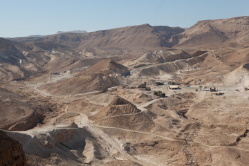 Fototapeta na wymiar Arid hills of Judean desert, shot from Masada fortress