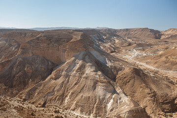 Fototapeta na wymiar Arid hills of Judean desert, shot from Masada fortress