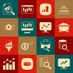 Set Financial growth, Server, Coal mine trolley, Stocks market graphs, Time management, Document with chart and Graph infographic icon. Vector