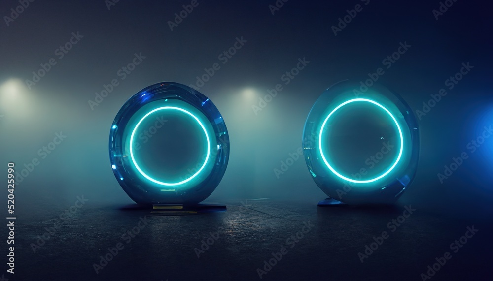 Poster A circular portal and a hologram are futuristic elements of a neon color circle. A standard podium or studio futuristic pedestal. A technological fantasy portal. 3d render
