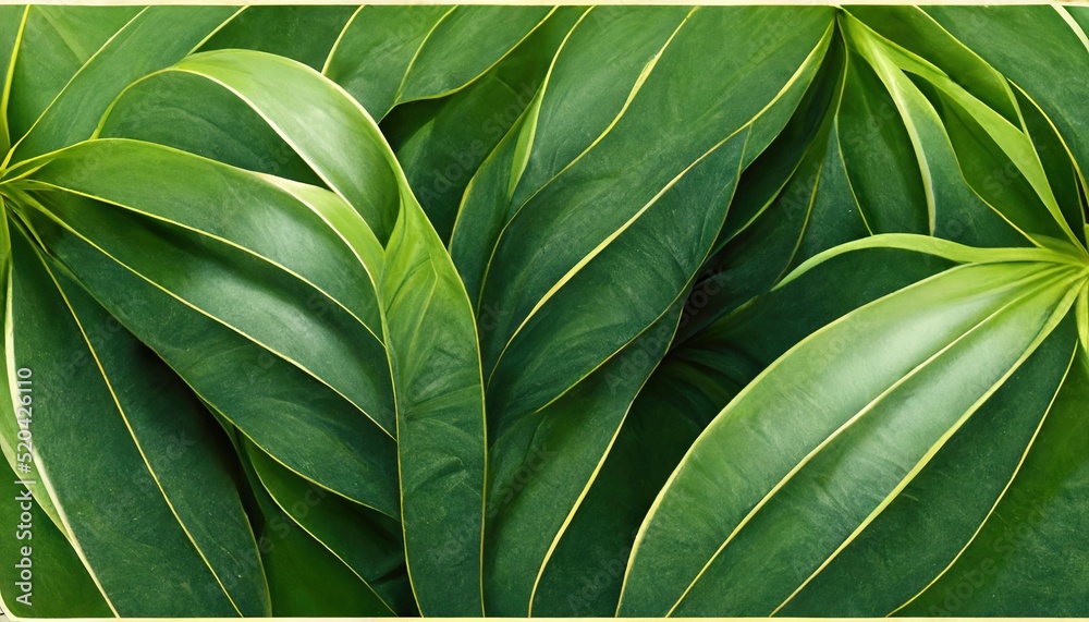 Poster Tropical leaves foliage plant flower arrangement. Background with dark green tropical leaves.