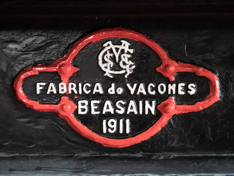 Monforte de Lemos, Lugo, Spain; 07-23-22: Sign located on a wagon in the Monforte railway museum where it reads "wagon factory, Beasain, 1911" in white letters on a black background