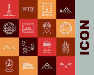 Set line Drone flying with action video camera, Suitcase for travel and stickers, Earth globe, Postal stamp Eiffel tower, Egypt pyramids, Airline ticket, and Map pointer icon. Vector
