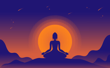 Vesak Buddha illustration, Vesak Day celebration with moon circle background and mountains, buddha statue, Dharmavinaya, Buddha Dharma, Siddharta Gautama, meditation