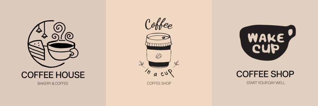 Set of coffee logo. Coffee cup black vector logo design template. Vector coffee shop labels. Different logo, badge, emblem collection on background