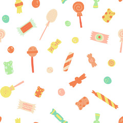 Sweets retro vector seamless pattern for , wallpapers, wrapping paper. Candy canes, lollipops, chocolate bars, bonbon