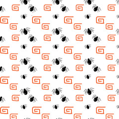 Seamless Halloween pattern of spiders and orange abstract design elements. Repeating texture.