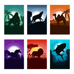 Set of colorful animals silhouette in flat design art style, vector illustration of animals in different habitats