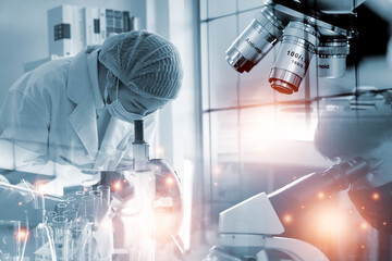Double exposure microscope Young woman scientific using equipment in the laboratory for research.Biotechnology,development,chemical,study,vaccine,COVID-19. Photo concept experimentation and research.
