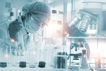 Fototapeta premium Double exposure microscope Young woman scientific using equipment in the laboratory for research.Biotechnology,development,chemical,study,vaccine,COVID-19. Photo concept experimentation and research.