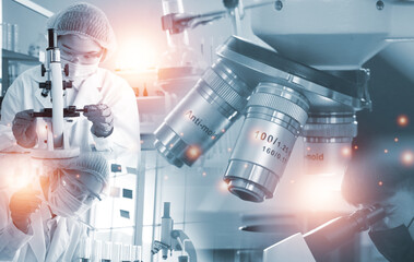 Double exposure microscope Young woman scientific using equipment in the laboratory for research.Biotechnology,development,chemical,study,vaccine,COVID-19. Photo concept experimentation and research.
