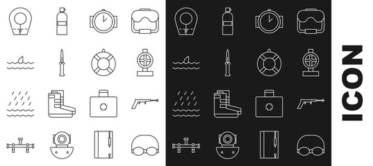 Set line Glasses and cap for swimming, Fishing harpoon, Industry metallic pipes valve, Diving watch, Army knife, Shark fin ocean wave, hood and Lifebuoy icon. Vector