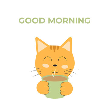 Vector cartoon illustration of cute cat in flat style. Good morning, cat with cup