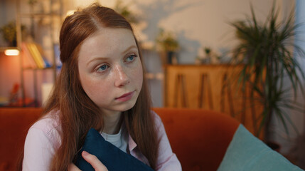 Portrait of sad young woman sitting at home looks pensive thinks over life concerns or unrequited...