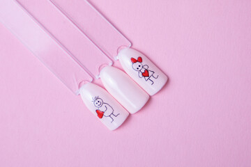
Romantic color palettes of nail gel polish for manicure and pedicure nails, heart design
